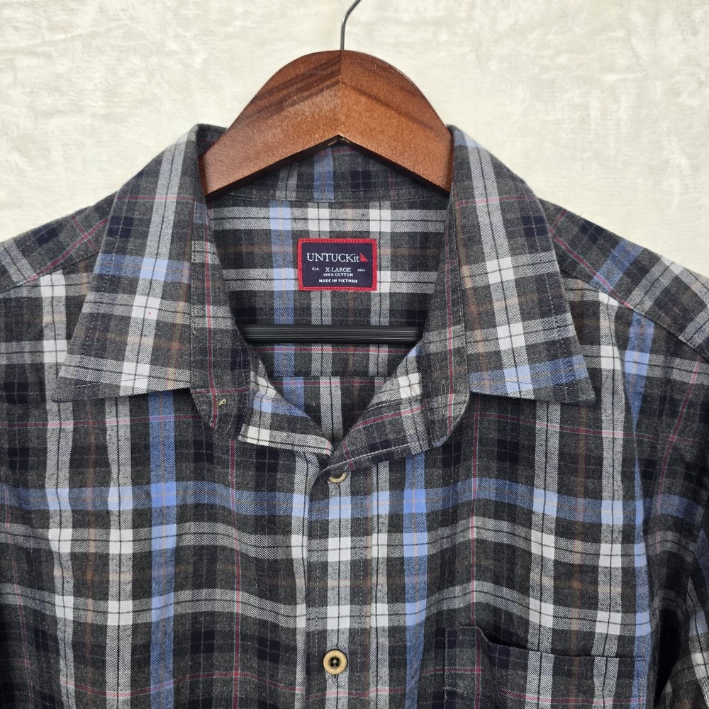 UNTUCKit Men's XL Carano Flannel Long Sleeve Button Up Shirt Gray/Blue Plaid-EC